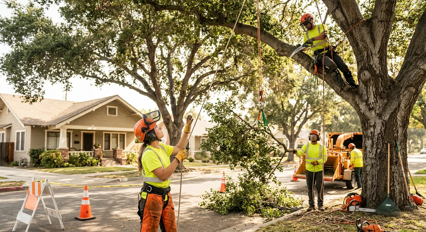Tree service crew clearing storm-damaged branches from a Santa Paula home