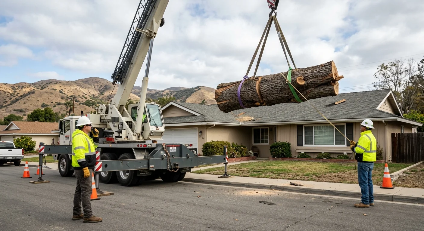 Crane lifting a large storm-damaged trunk away from a residential rooftop