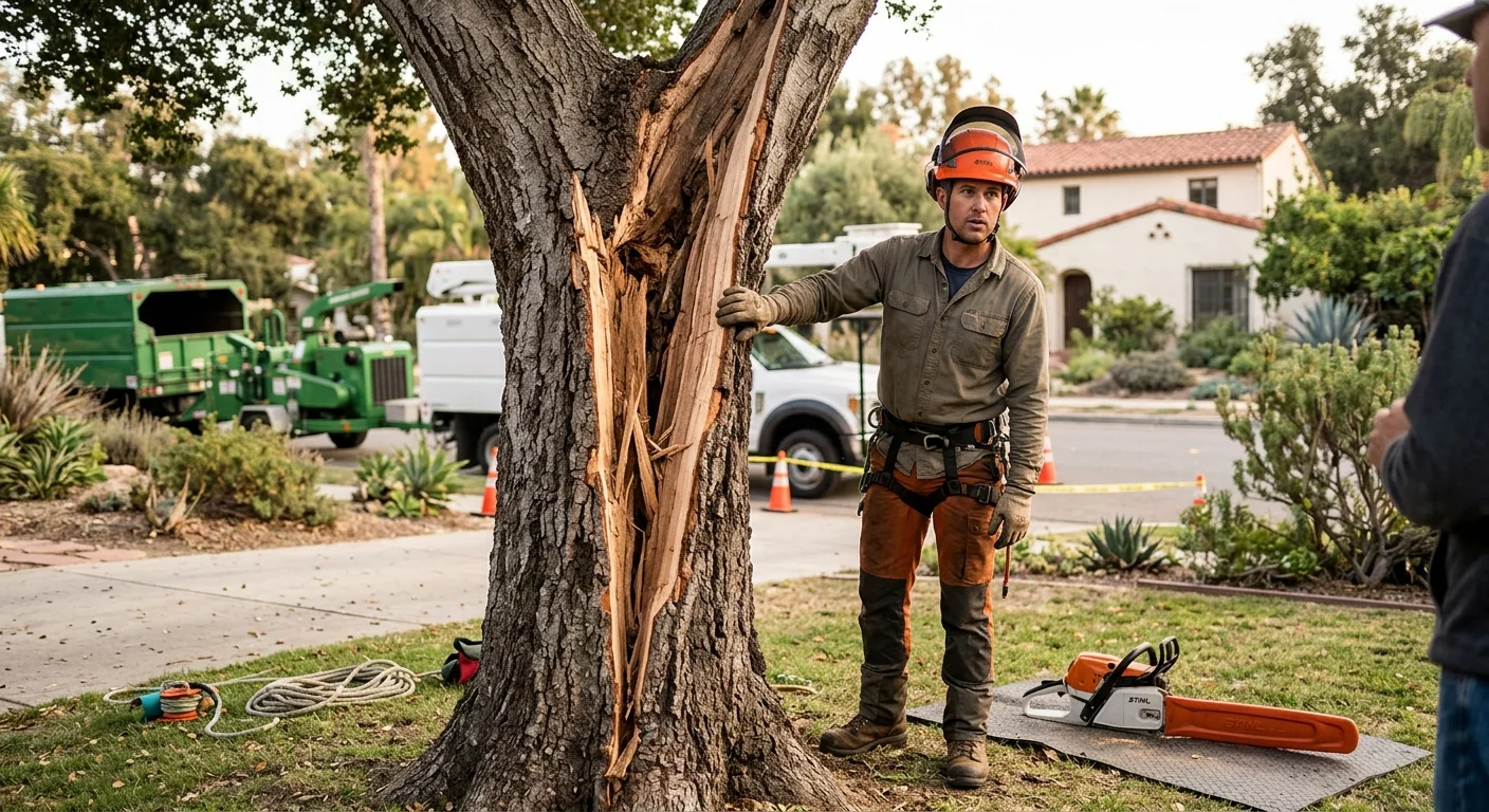 Close-up of a split oak trunk after high winds in a Santa Paula yard