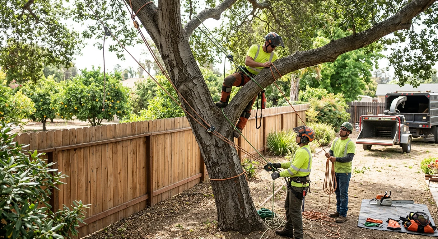 Crew rigging a leaning tree for controlled lowering near a fence line