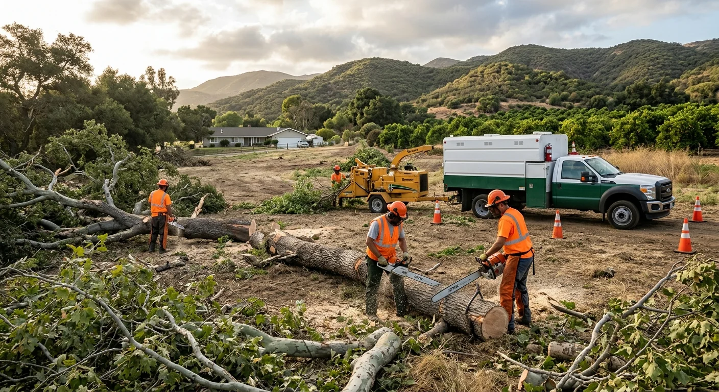 Wide shot of a rural lot cleared of multiple fallen trees after a storm