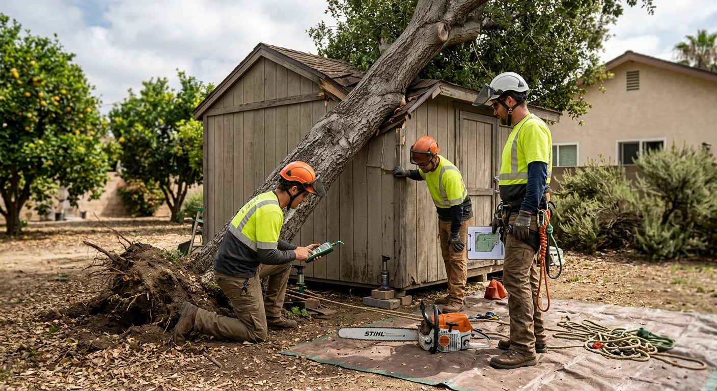 Before-context view of a toppled tree resting against a backyard shed