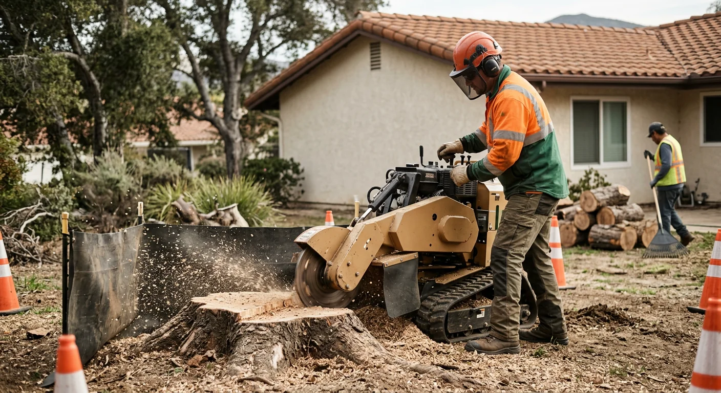 Stump grinder removing a large root base after storm tree removal