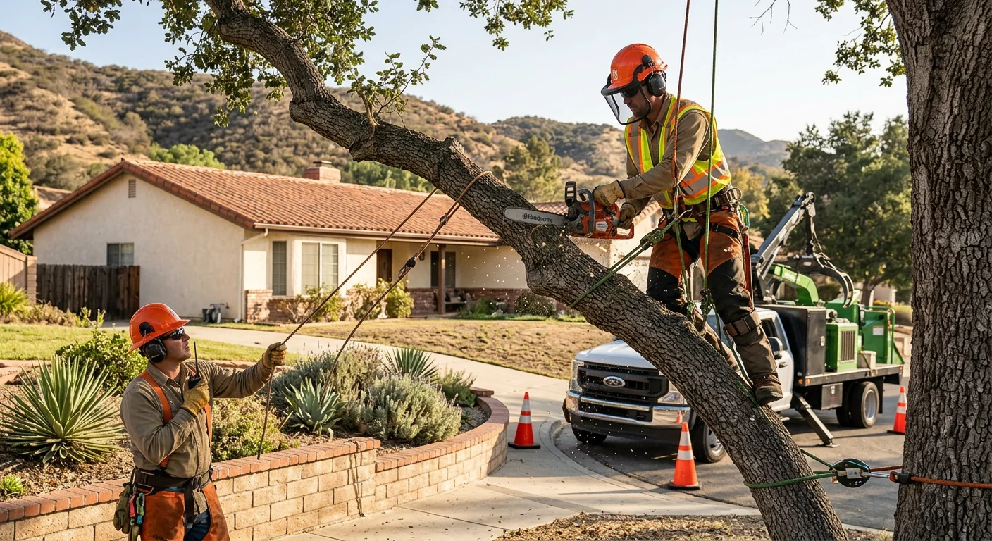 Trained technicians removing storm-damaged tree sections with a crane on a Santa Paula property