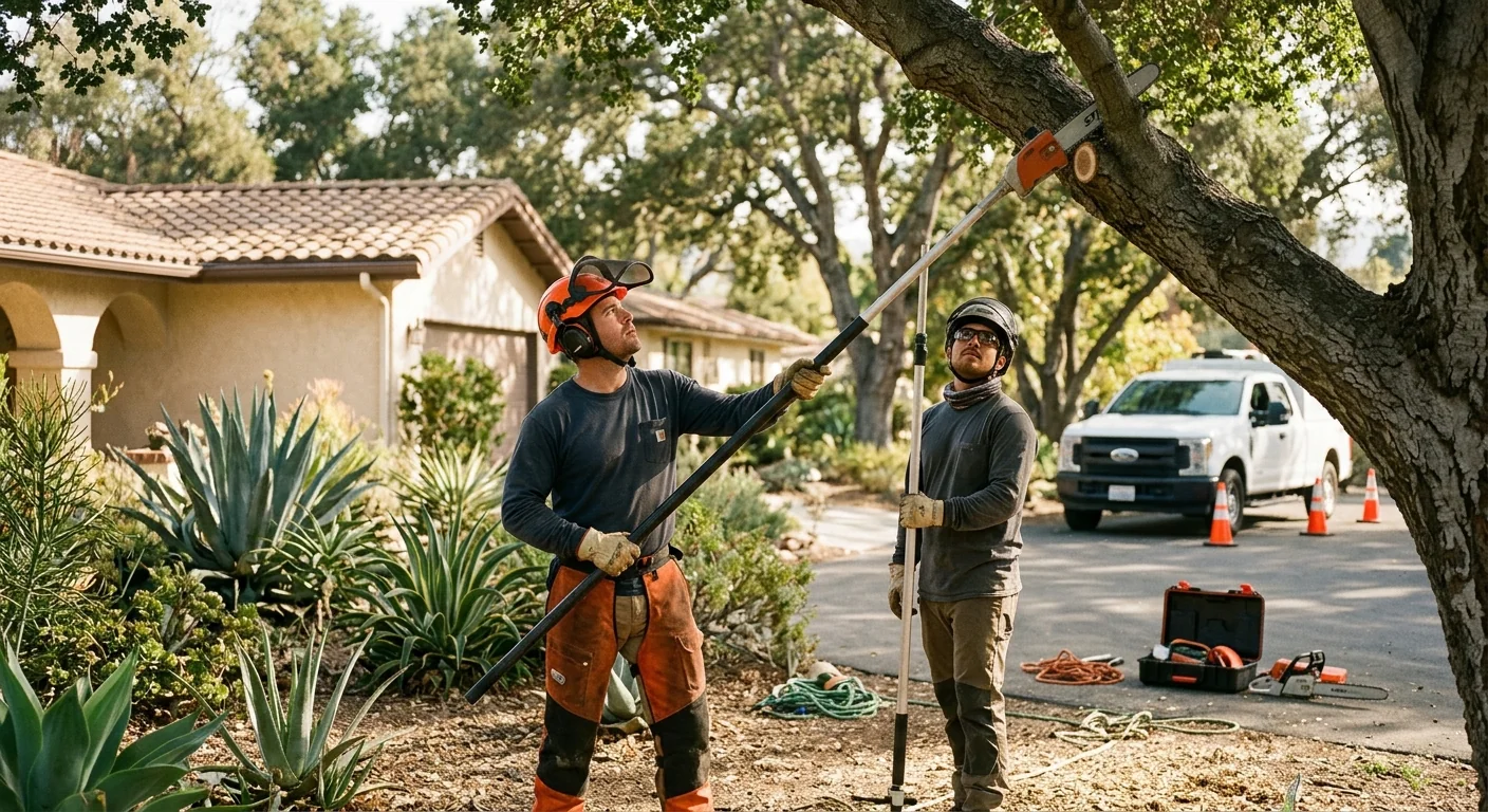 Technician grinding a tree stump in a residential Santa Paula backyard