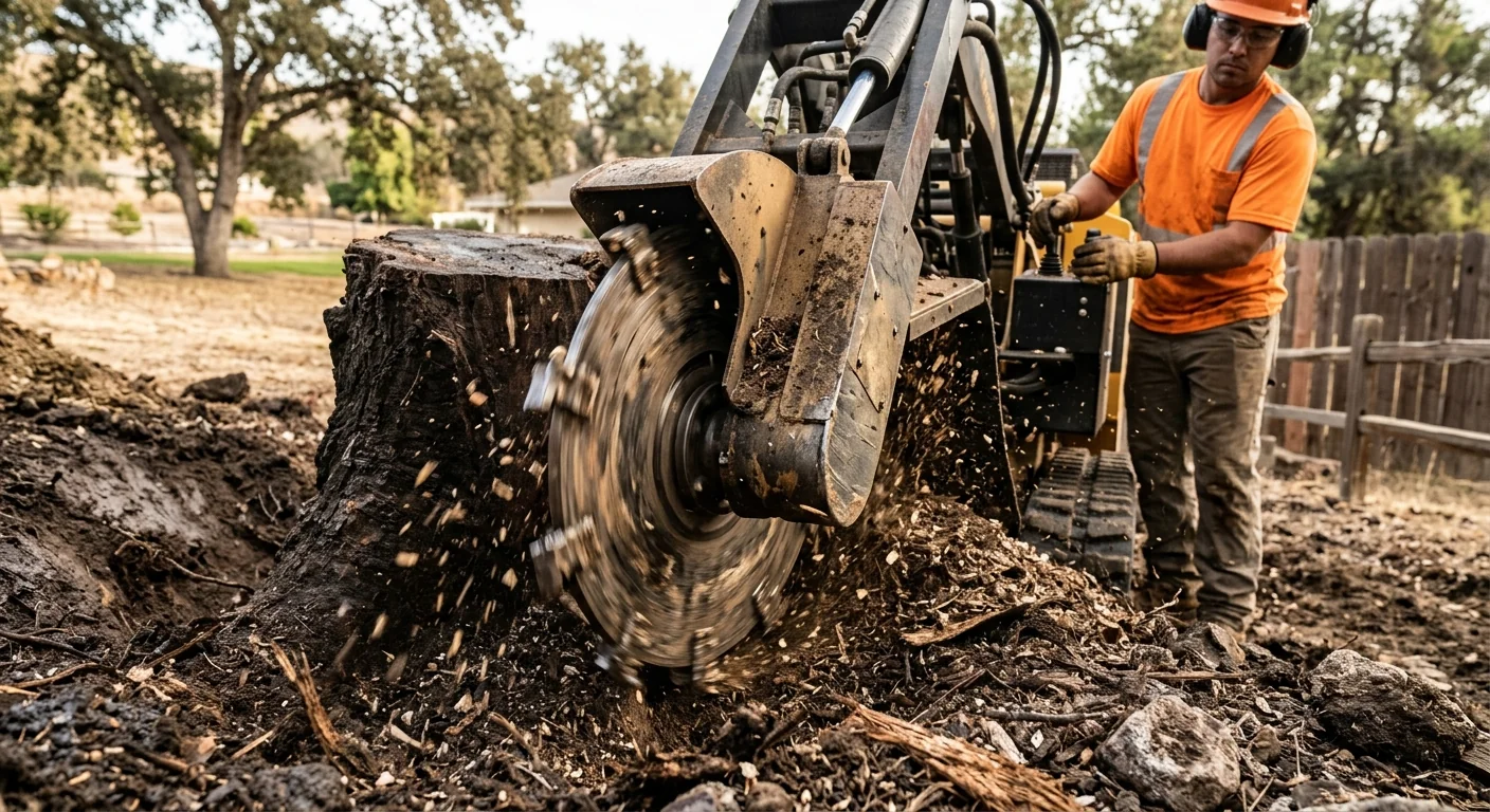 Close-up of a carbide cutter wheel grinding a hardwood stump below grade