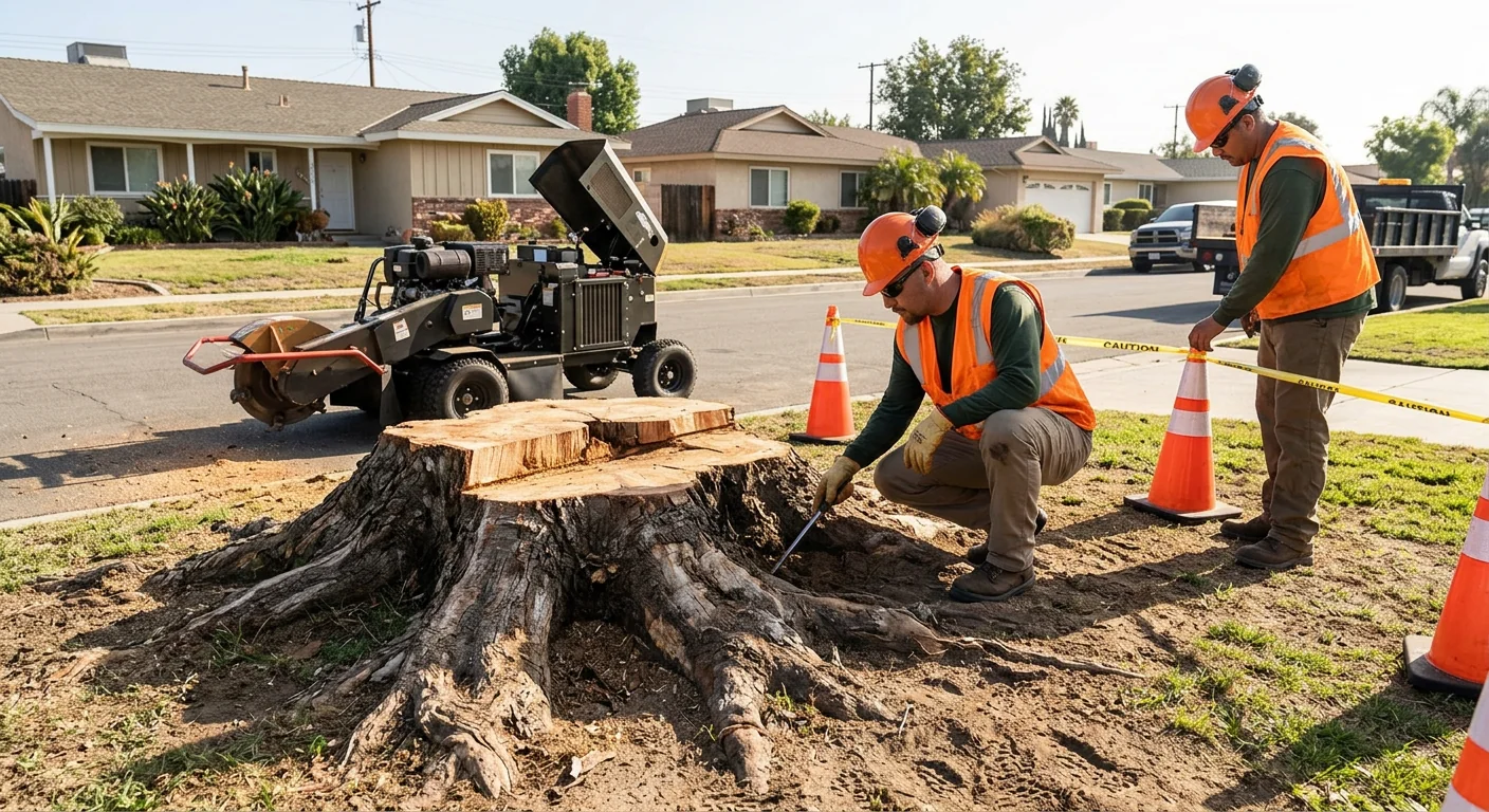 Large stump with exposed root flare before grinding in a residential lot