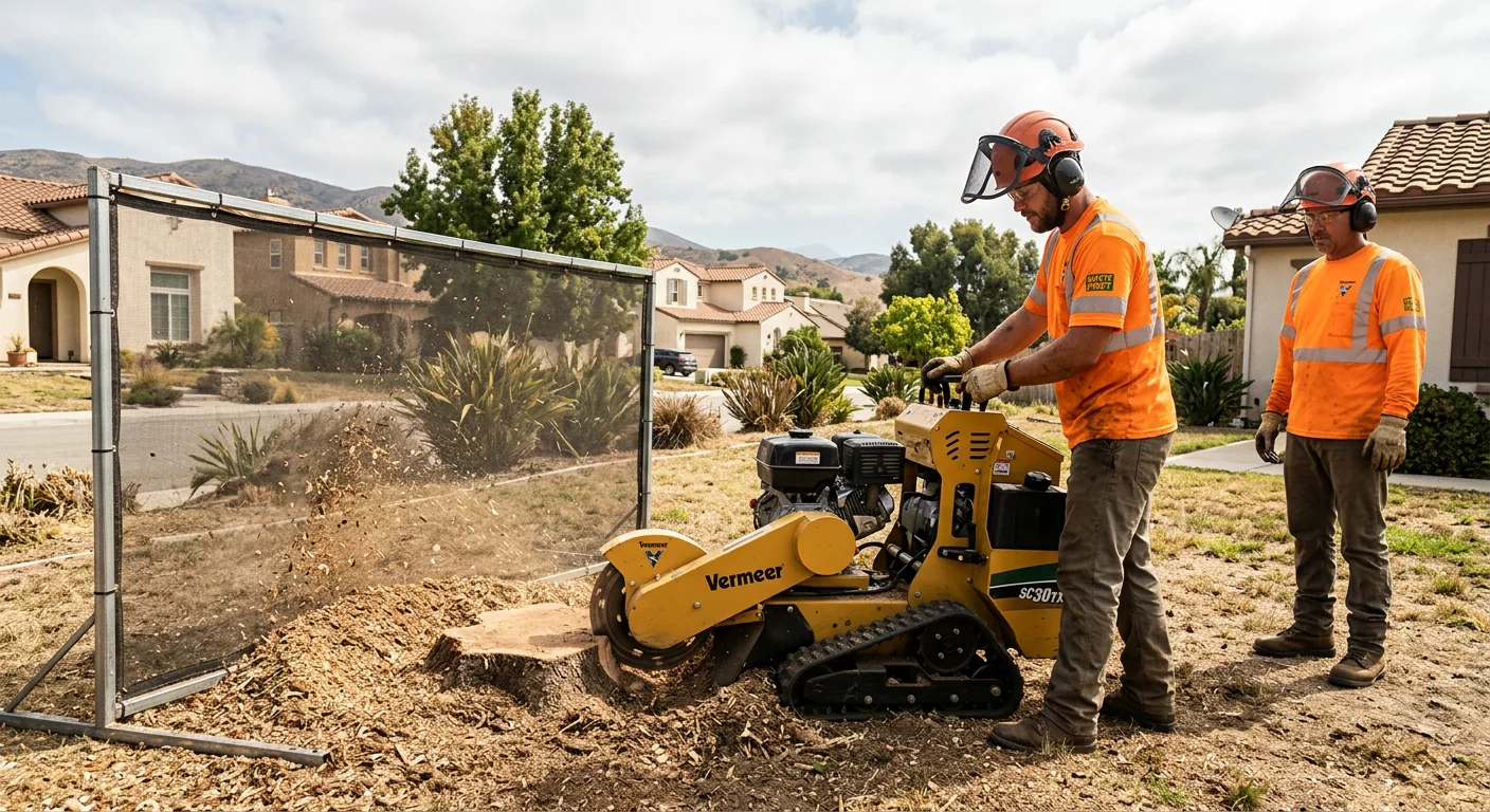 Stump grinder in action with protective barriers containing wood chips
