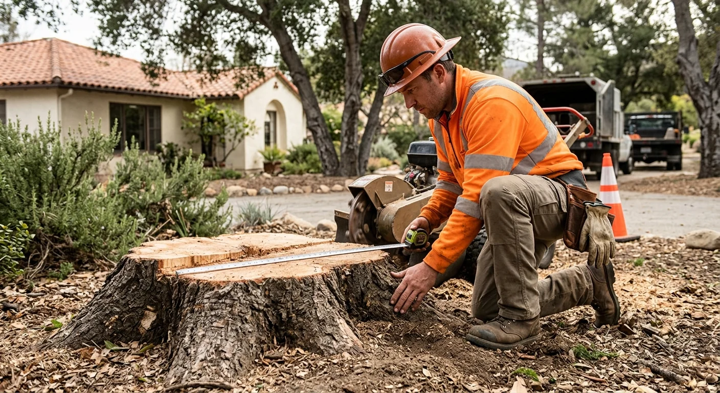 Technician inspecting stump diameter and root collar before starting work