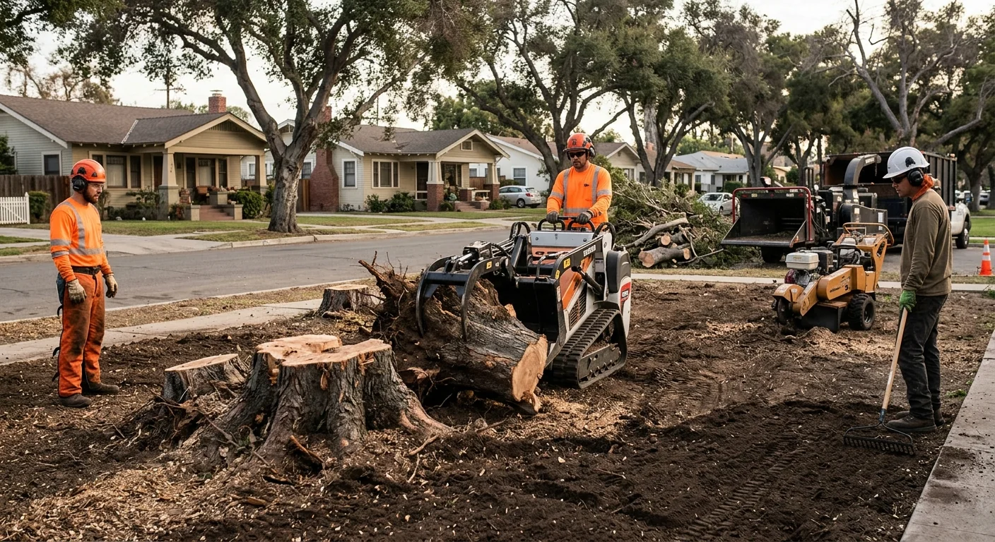 Several ground stumps cleared from a storm-damaged lot with raked soil