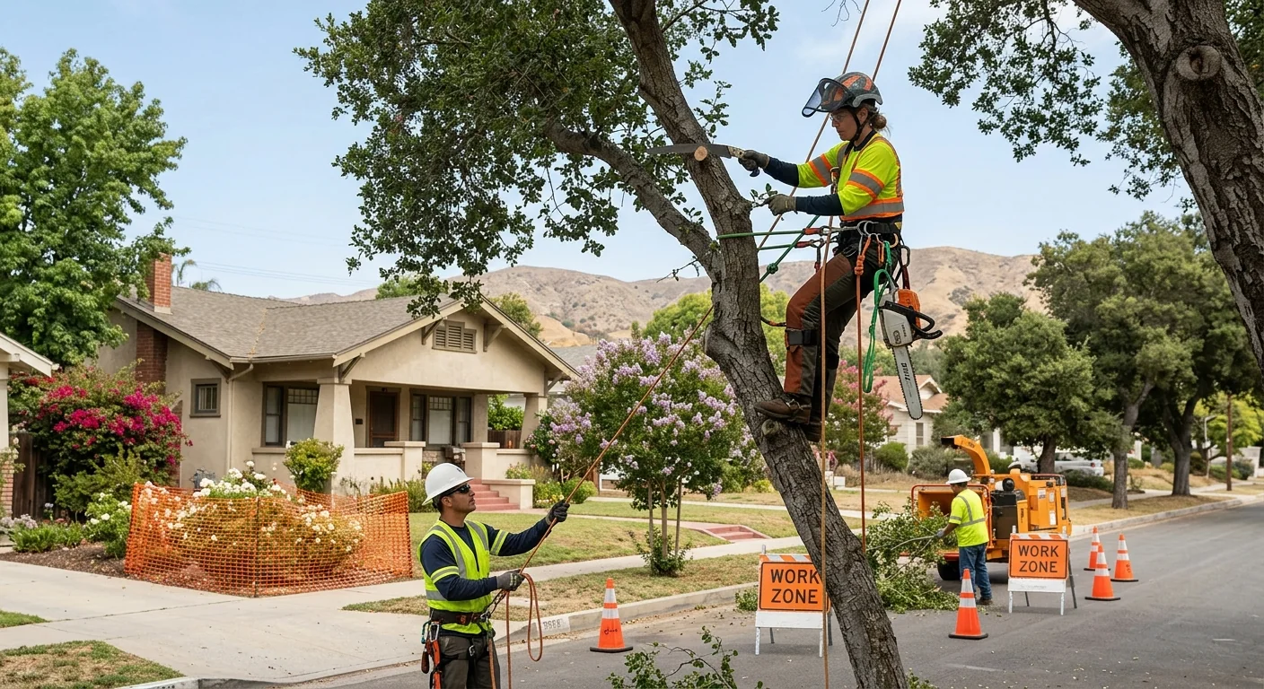 Trained crew operating stump grinding equipment safely near landscaping in Santa Paula