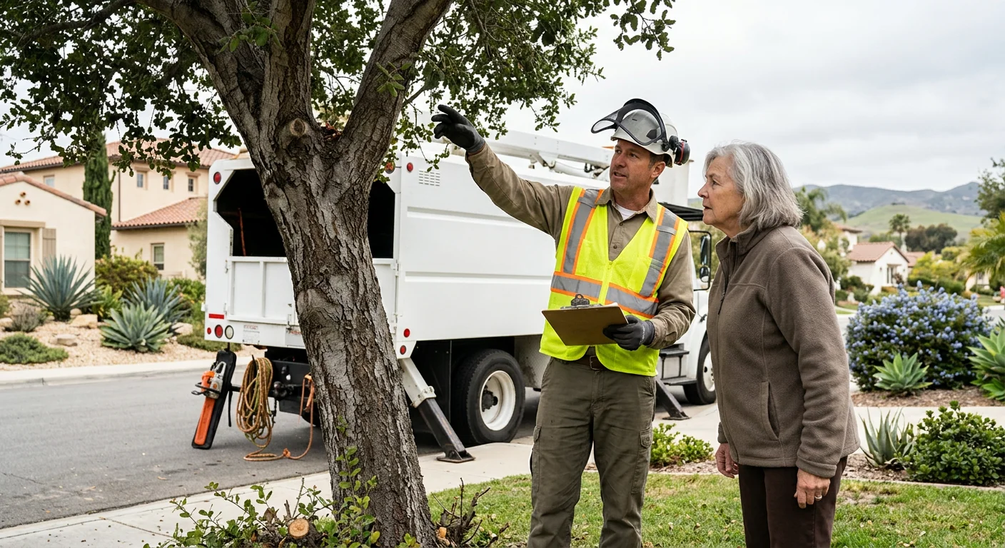 Arborist inspecting a large tree union before installing support cables in Santa Paula