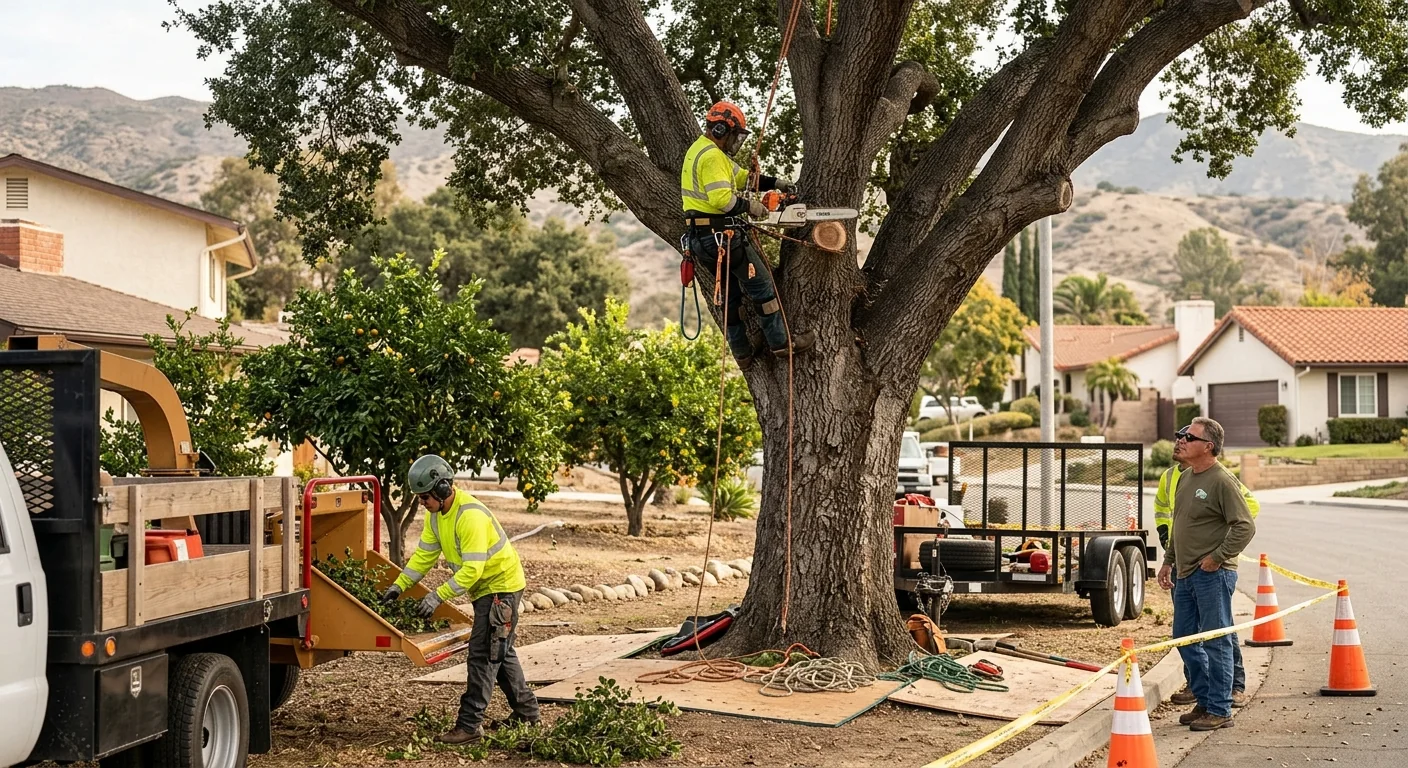 Technician inspecting cabling hardware on a mature shade tree