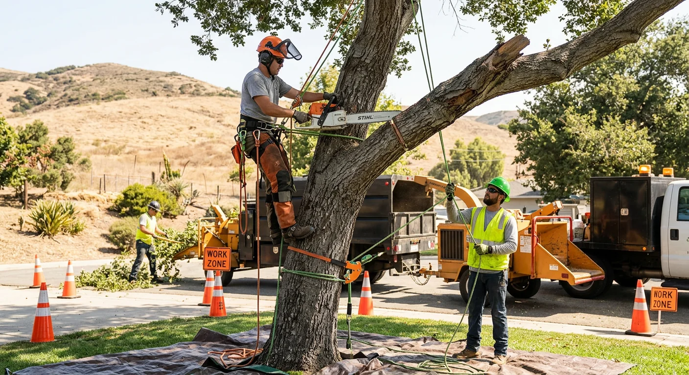 Arborist installing support cables in a large tree canopy in Santa Paula
