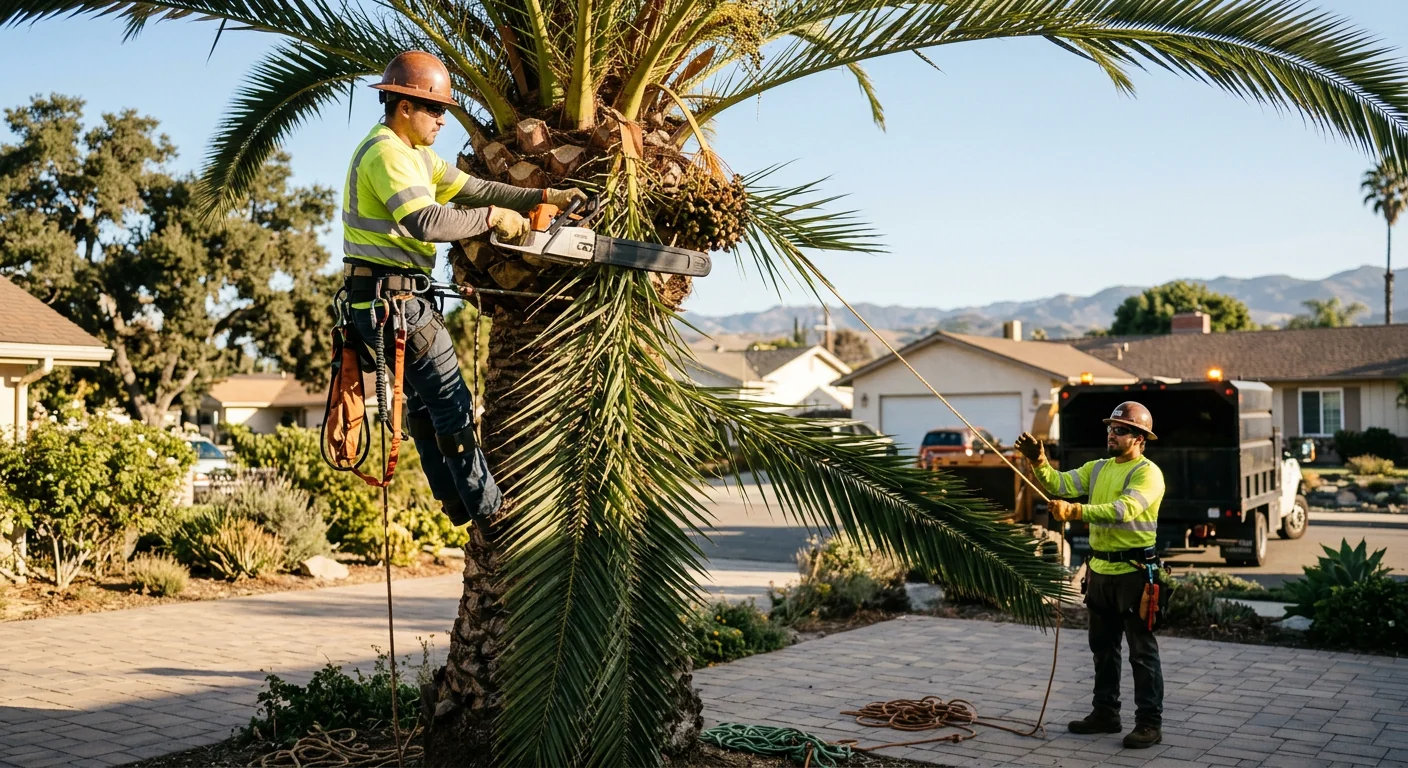 Arborist installing support cable in a mature oak canopy