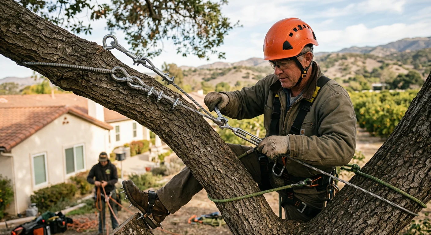 Close-up of a steel support cable installed between two upper tree limbs