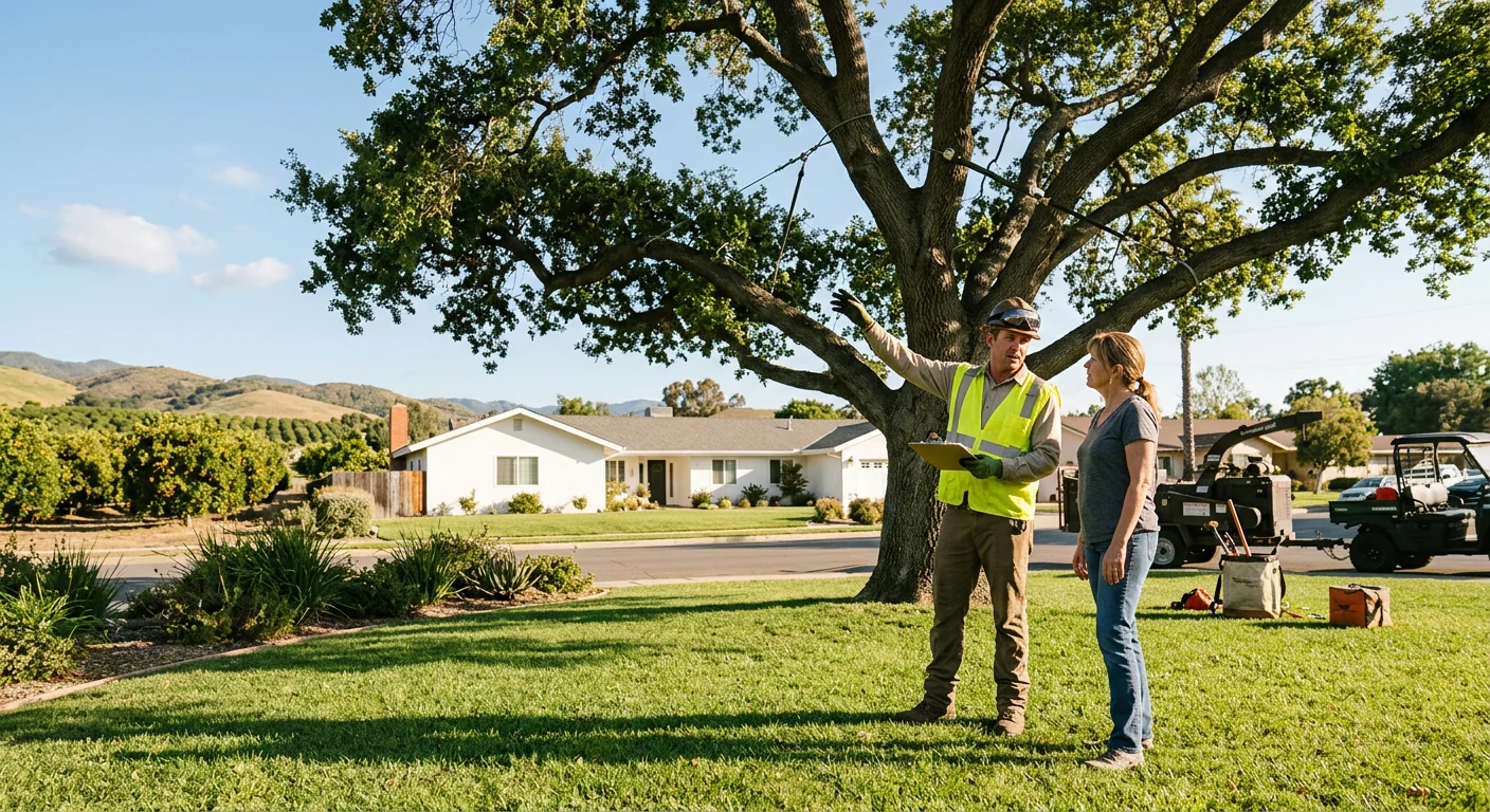 Wide shot of a mature oak with a completed cabling system in a Santa Paula yard