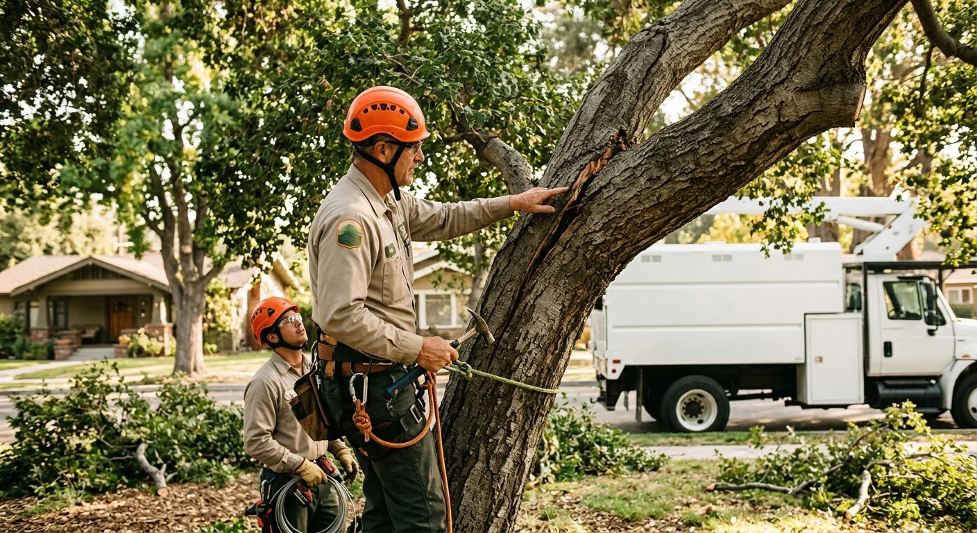 Arborist evaluating a cracked branch union before bracing rod installation