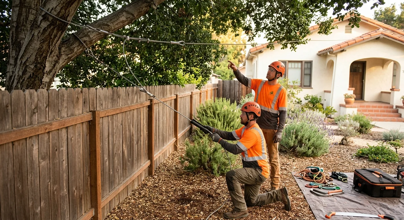 Finished static cable run steadying a large shade tree near a residential fence