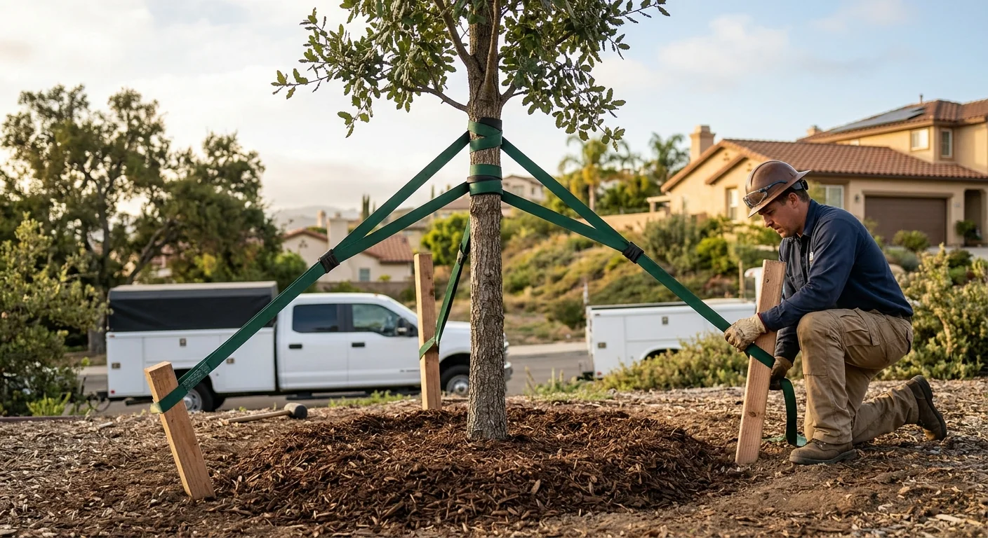 Ground-level view of a stabilized tree with support hardware after project completion