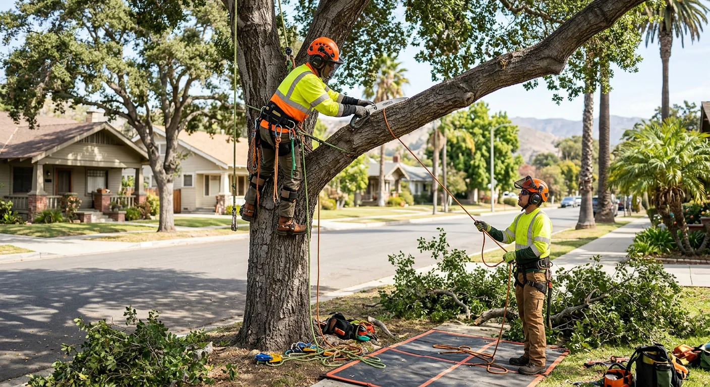 Technicians inspecting cable tension and brace hardware on a supported tree in Santa Paula
