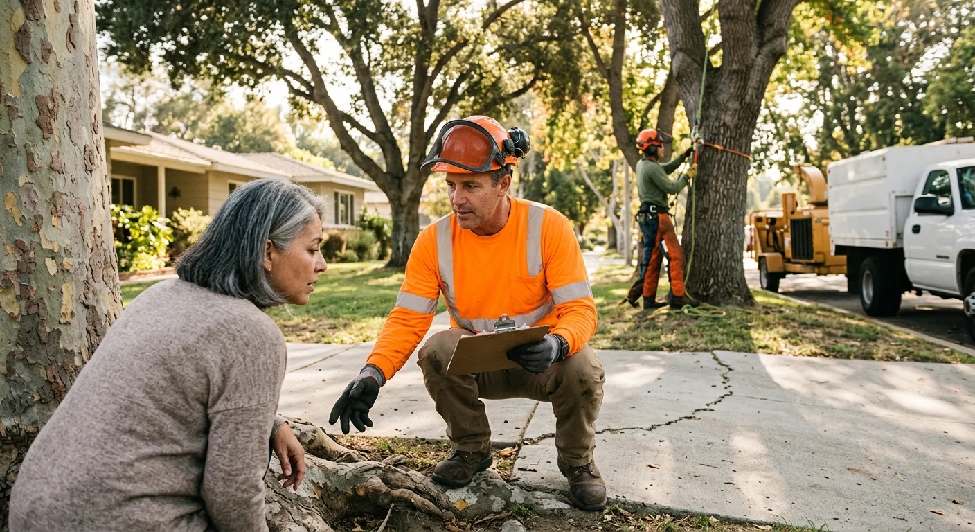 Arborist inspecting a mature tree canopy for health concerns at a Santa Paula home