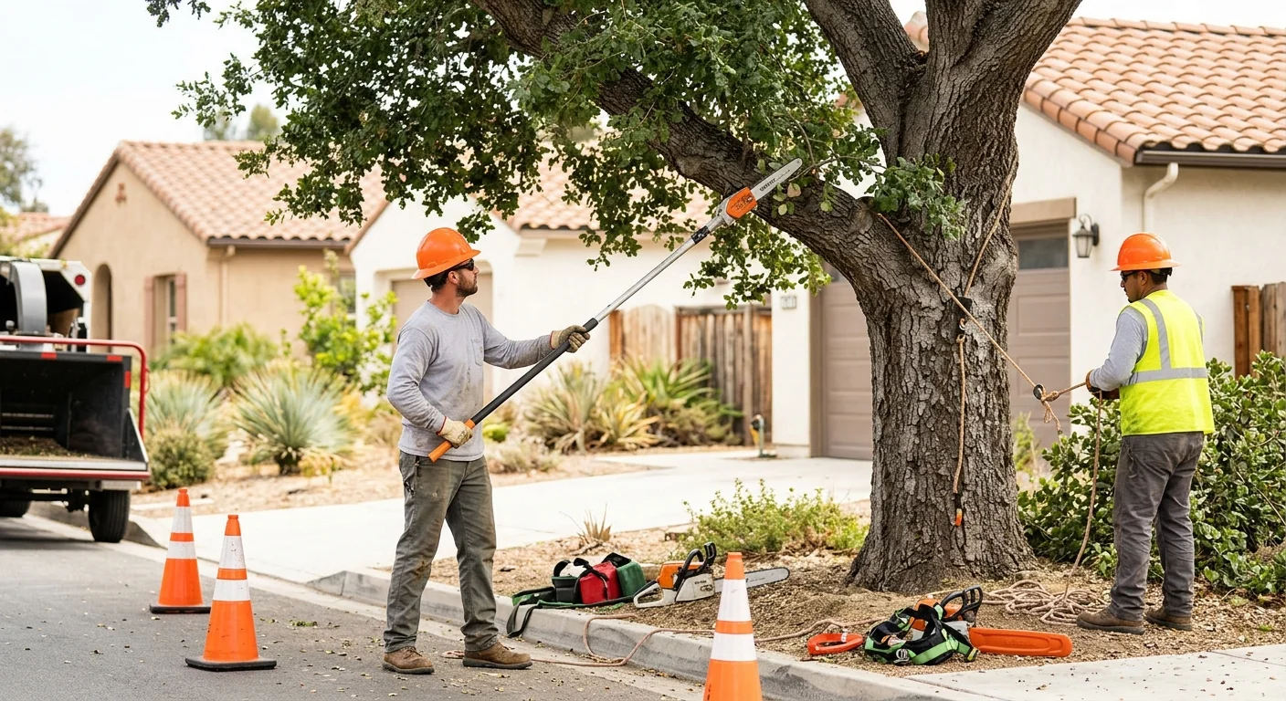 Arborist inspecting mature tree canopy during a health assessment in Santa Paula