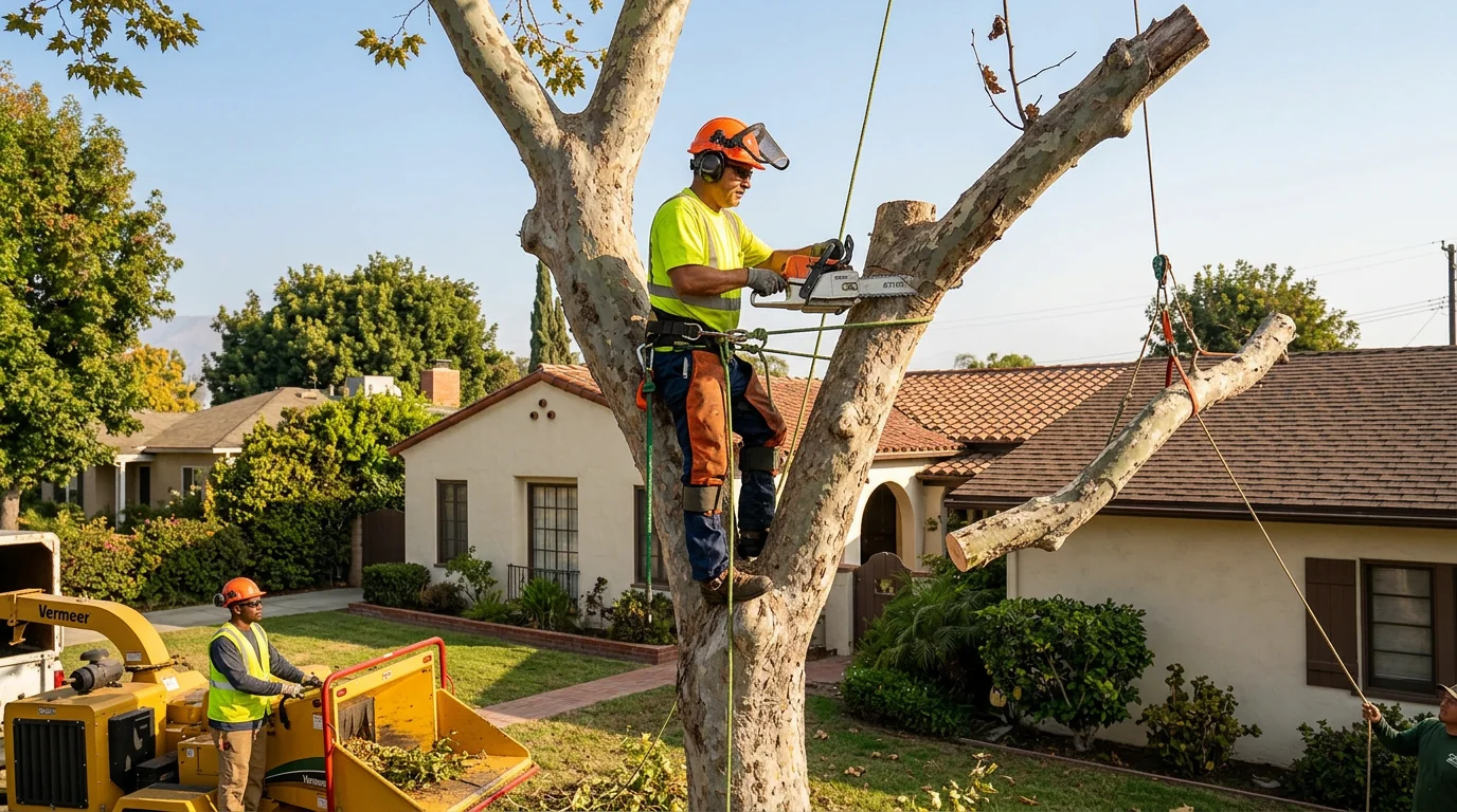 Technician checking bark and trunk for signs of decline