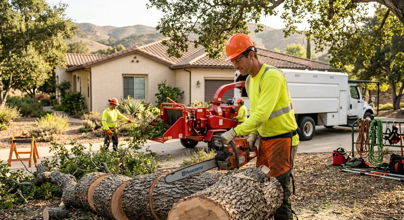 Arborist inspecting a mature tree canopy on a Santa Paula property