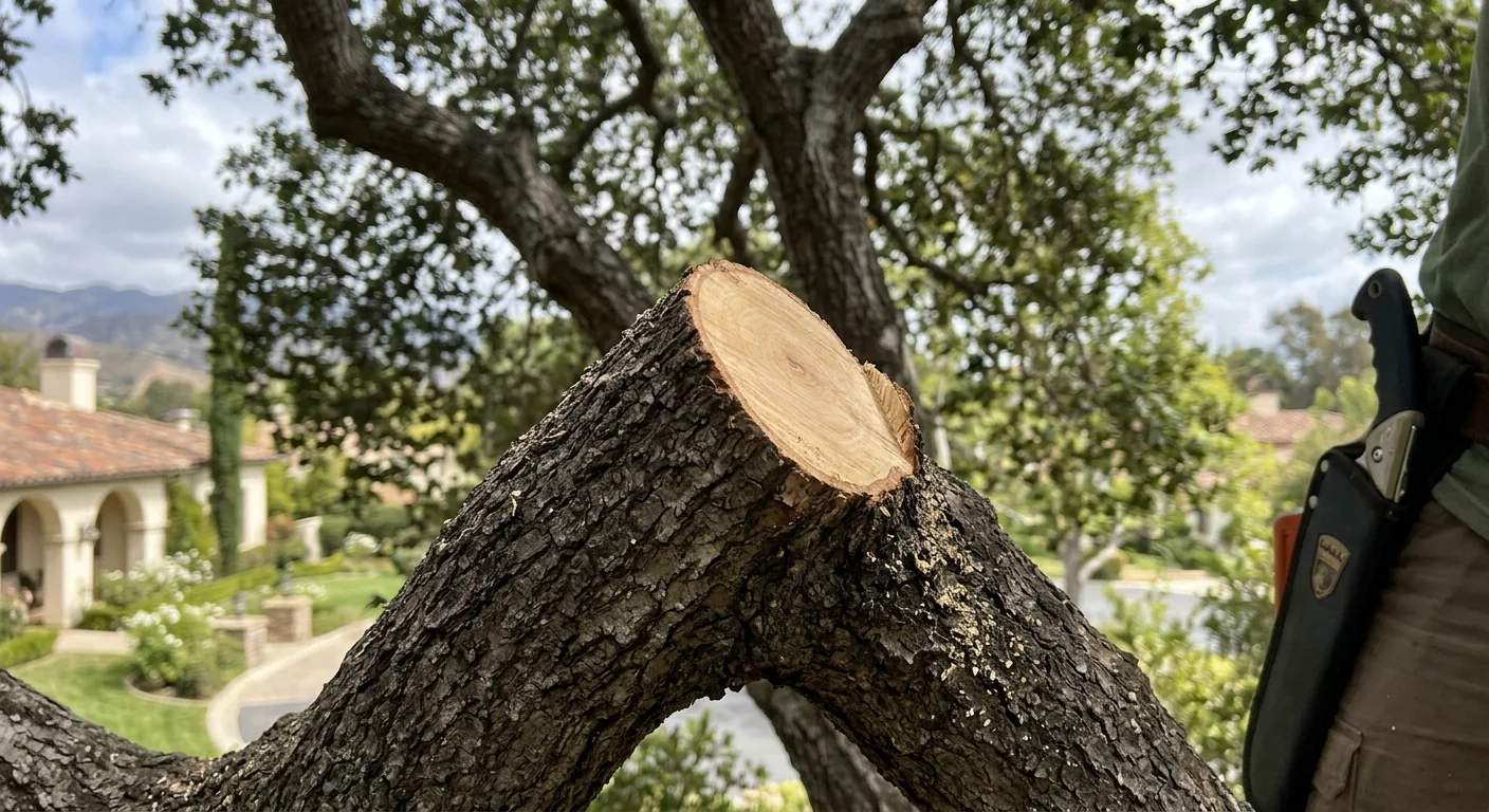 Close-up of a pruned oak branch showing a clean maintenance cut