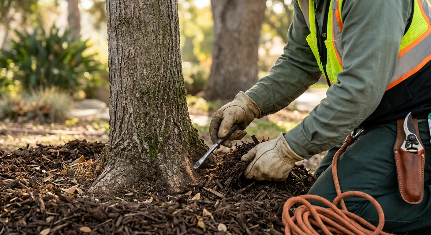 Arborist inspecting root flare and lower trunk for decay signs
