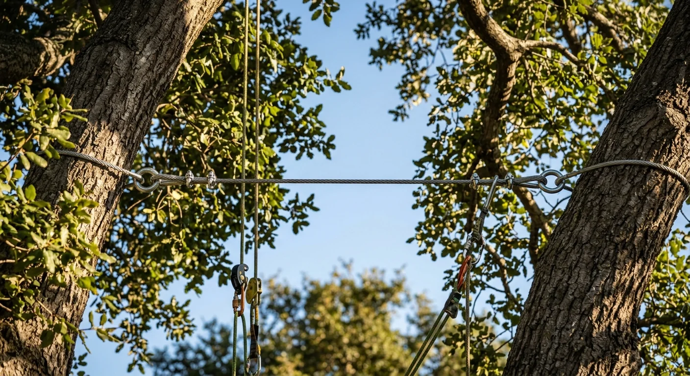 Cabling and bracing hardware installed on a heavy tree limb