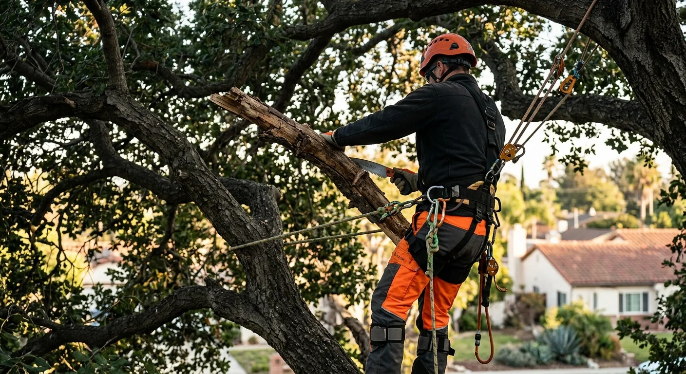 Technician performing deadwood removal from a canopy with hand saw
