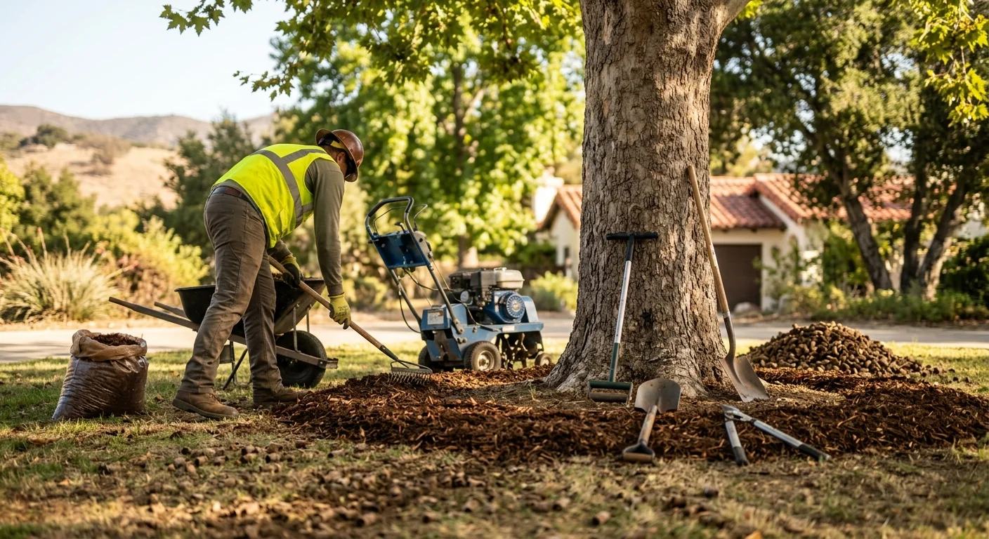 Soil care work around the base of a mature landscape tree