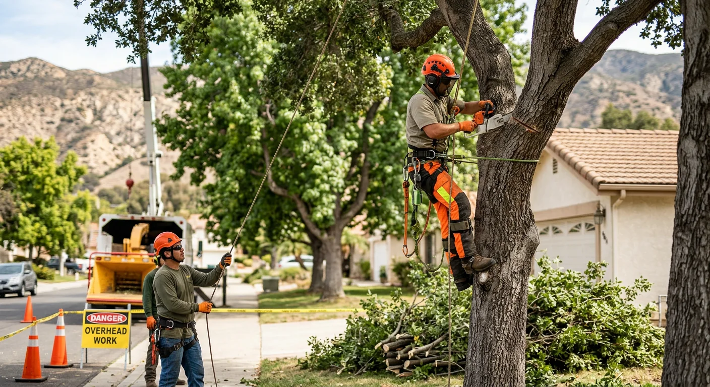 Trained technician performing careful maintenance pruning on a Santa Paula residential tree