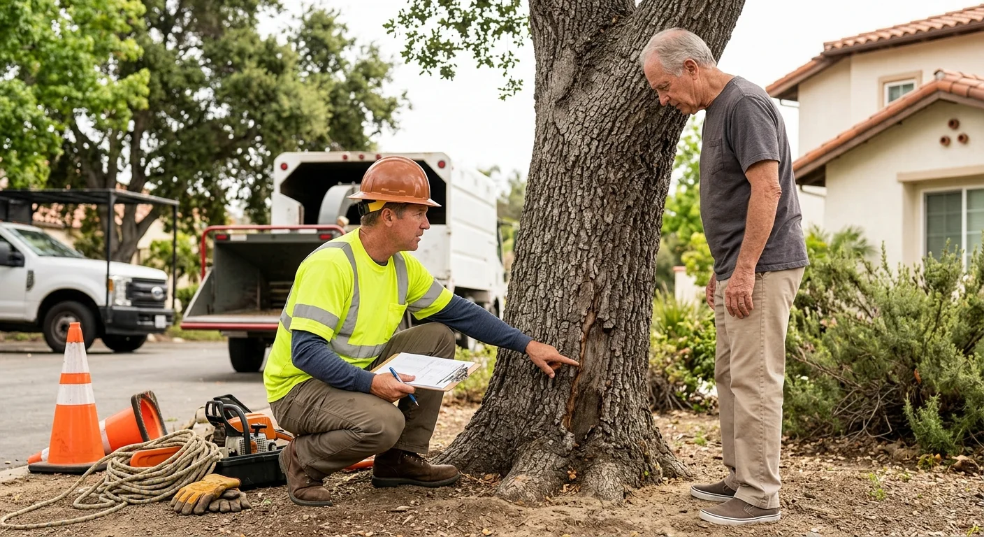 Arborist reviewing planting site and soil conditions with homeowner in a Santa Paula yard