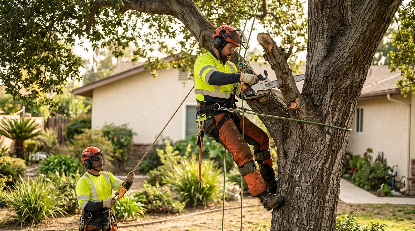 Homeowner reviewing tree placement options with a planting specialist onsite