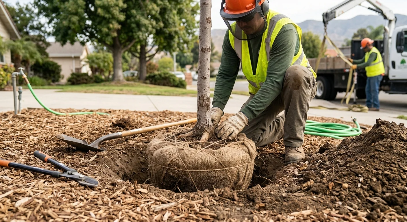 Close-up of a young shade tree root ball set at correct planting depth
