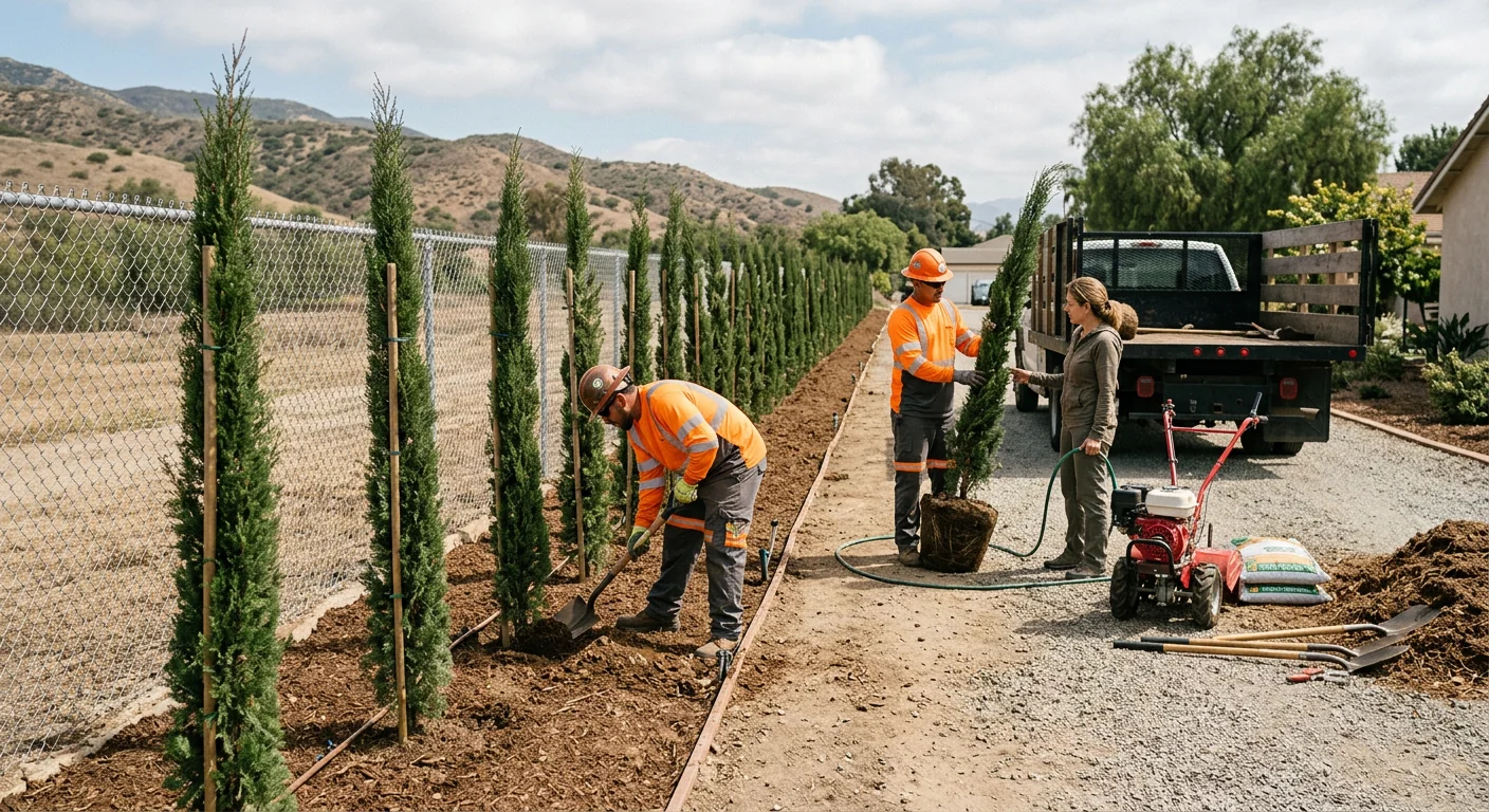 Wide shot of a newly planted screening row along a Santa Paula property line