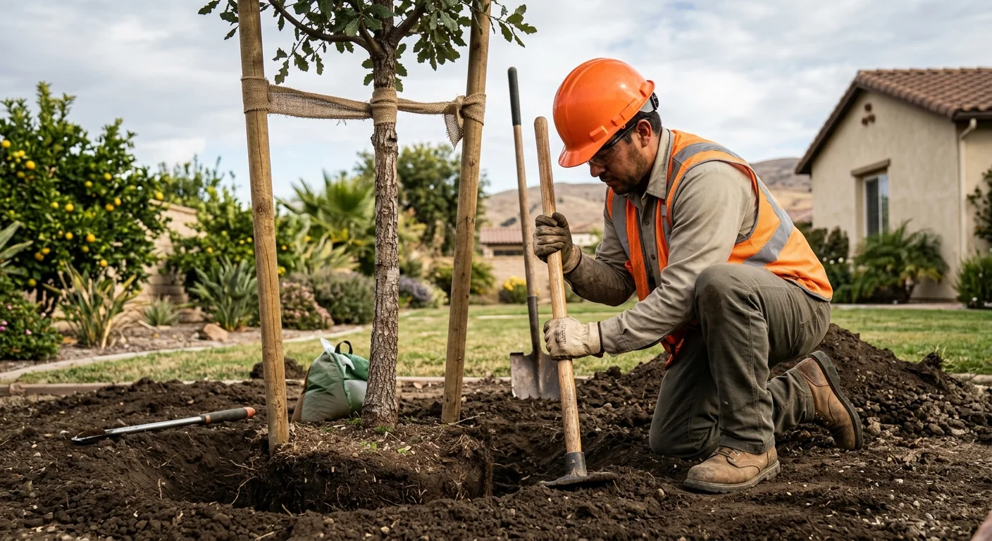 Technician backfilling soil around a freshly planted tree with careful hand tamping