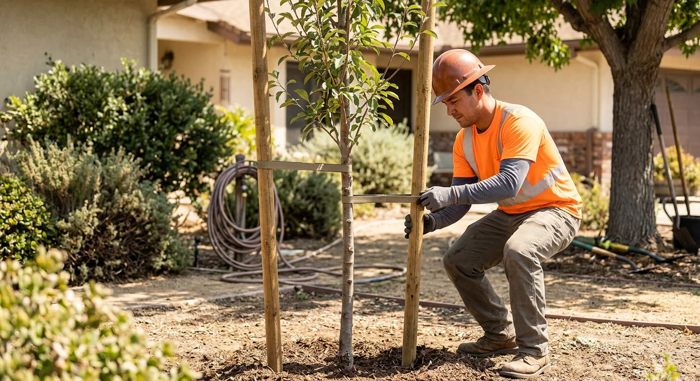 Freshly staked young tree supported against wind in a residential backyard