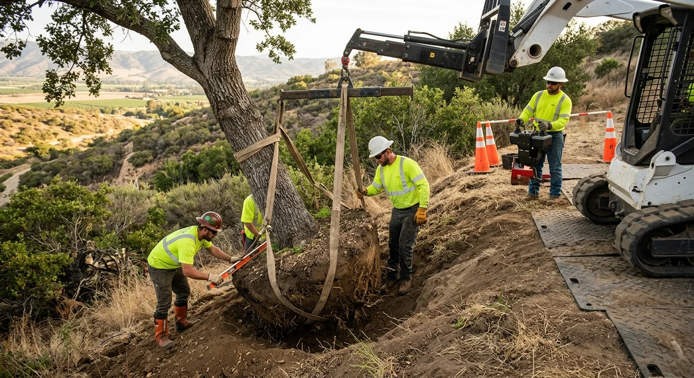 Crew positioning a large caliper tree using lifting equipment on a hillside lot