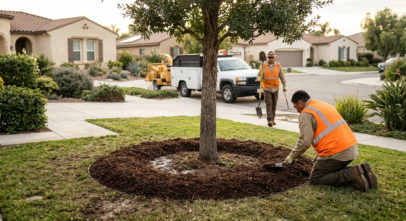 Finished front-yard planting with mature nursery tree and mulch ring completed