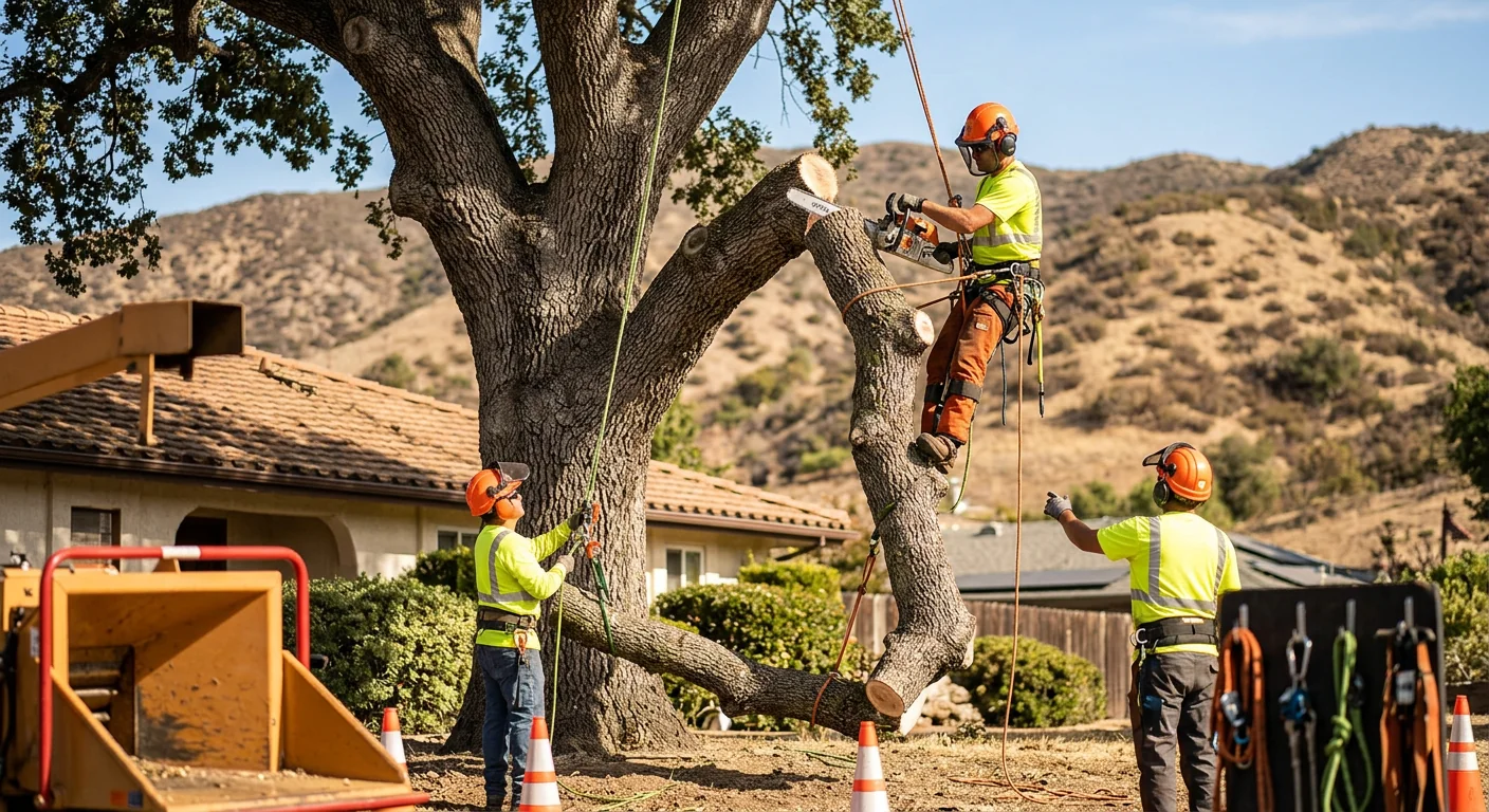 Technician checking stake tension and mulch depth on a newly planted Santa Paula tree