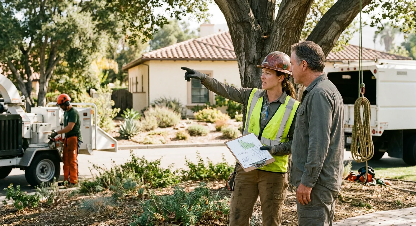 Arborist evaluating a residential tree canopy before pruning in Santa Paula