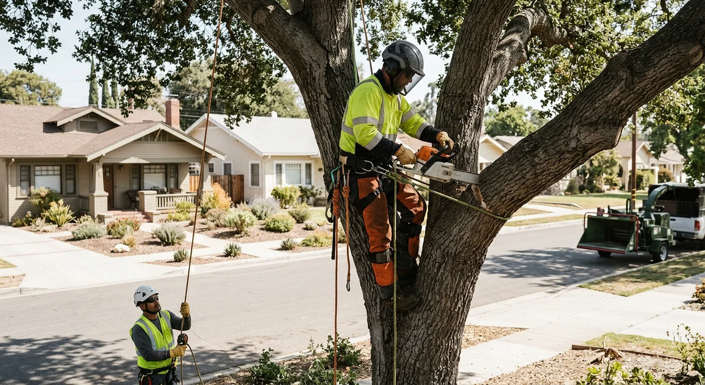 Arborist reviewing canopy structure before tree pruning at a Santa Paula home