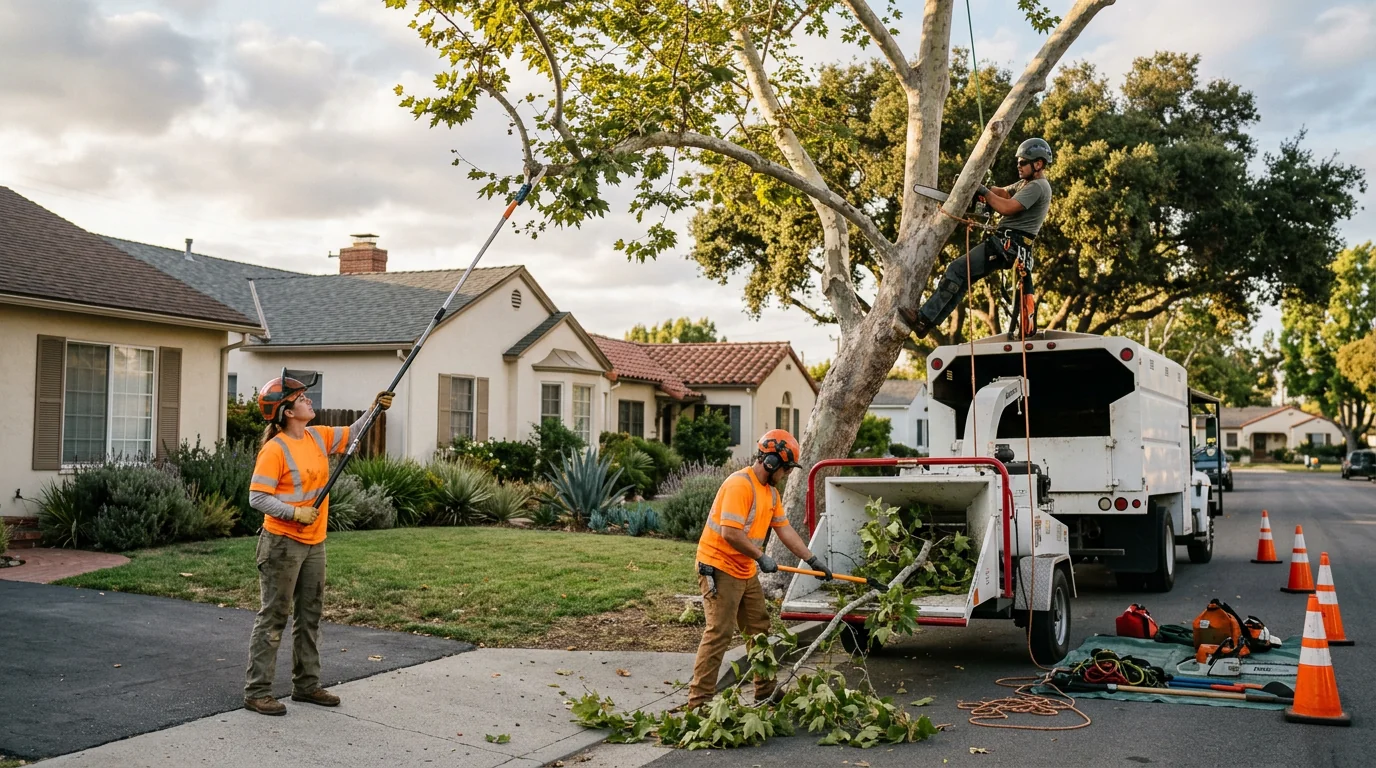 Trained technician making a precise pruning cut on a shade tree