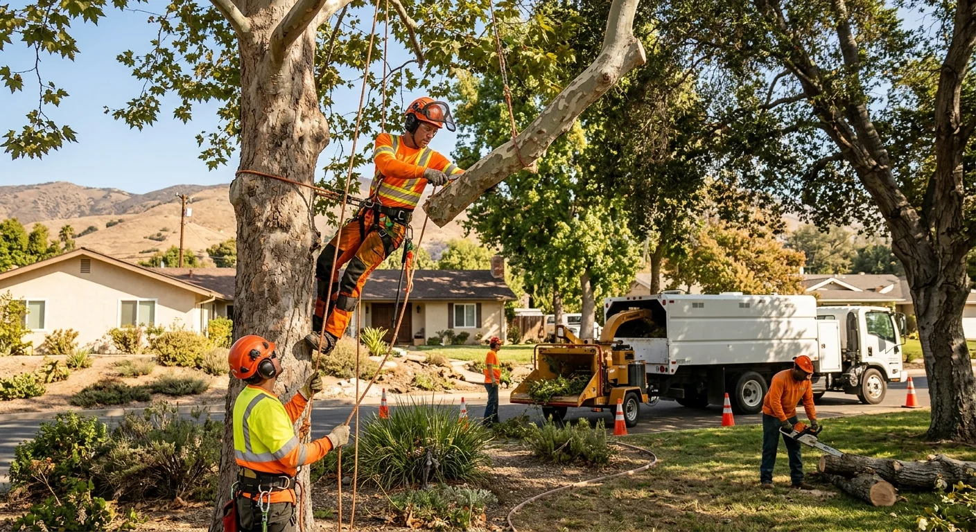 Arborist making precise pruning cuts on a residential tree