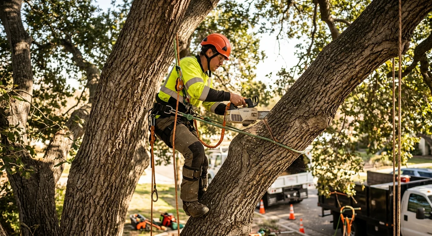 Arborist making a precise branch collar cut high in a mature oak canopy