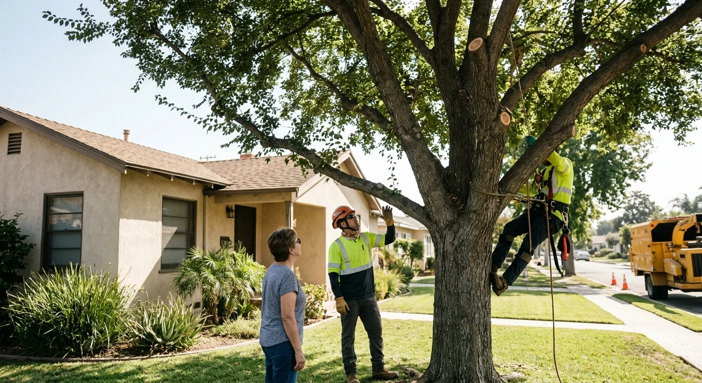 Wide view of a pruned shade tree over a Santa Paula residential yard